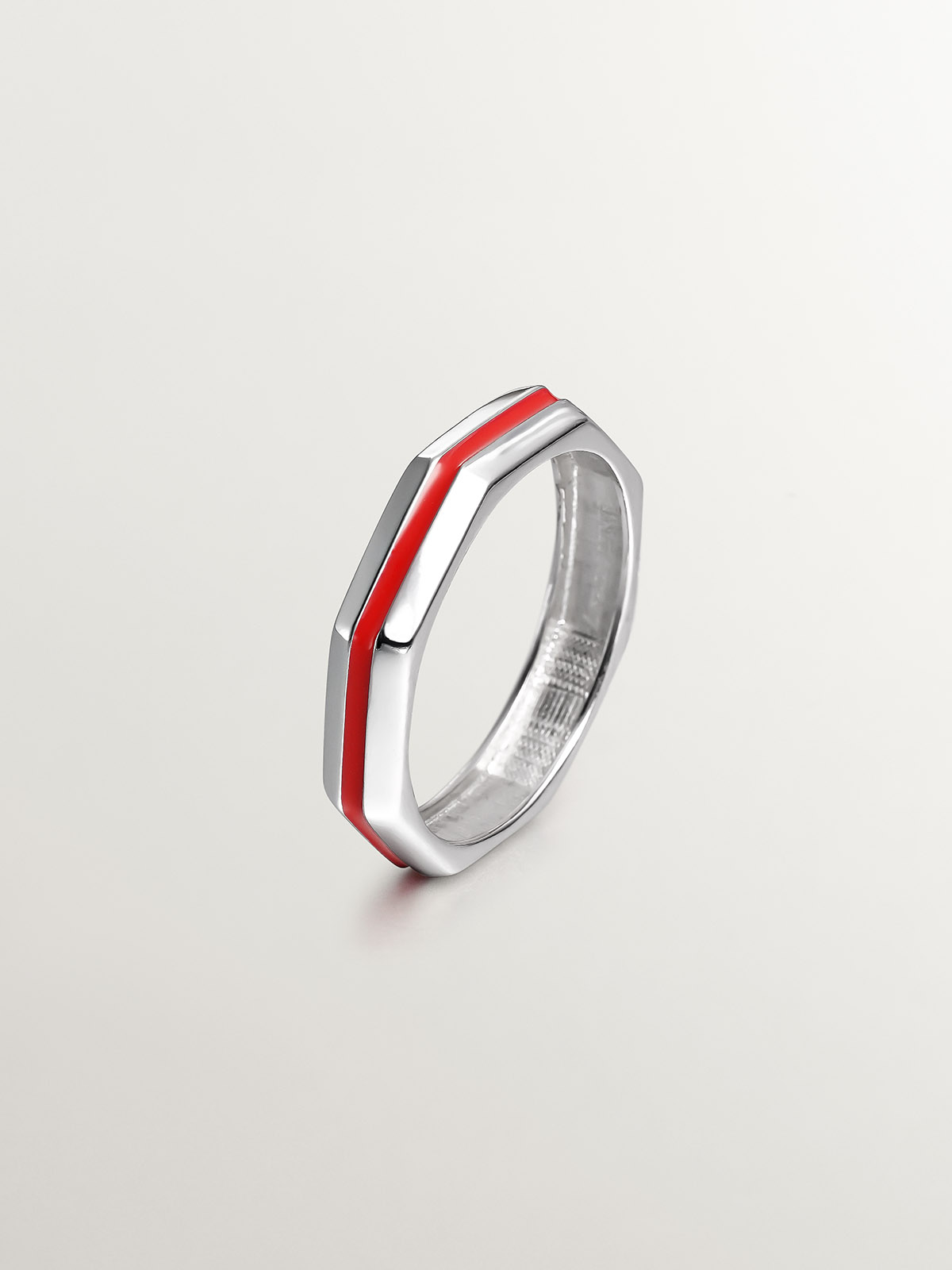 Anillo de plata 925 con acabado geométrico y esmalte rosa