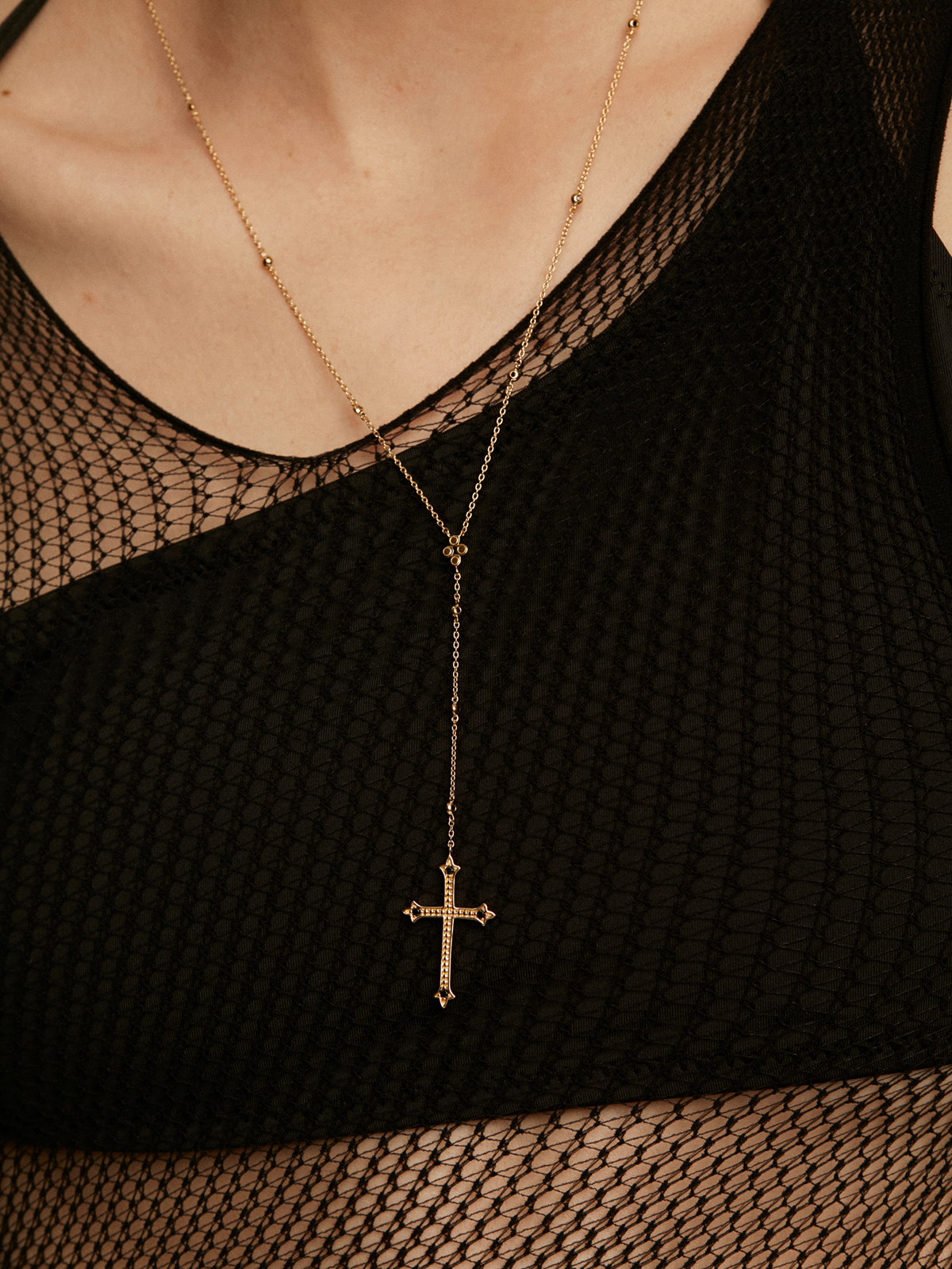 925 Silver necklace bathed in 18K yellow gold with large cross and spinels