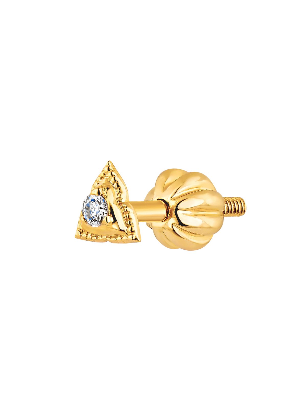 Individual 9K yellow gold earring with diamond in a triangle shape.