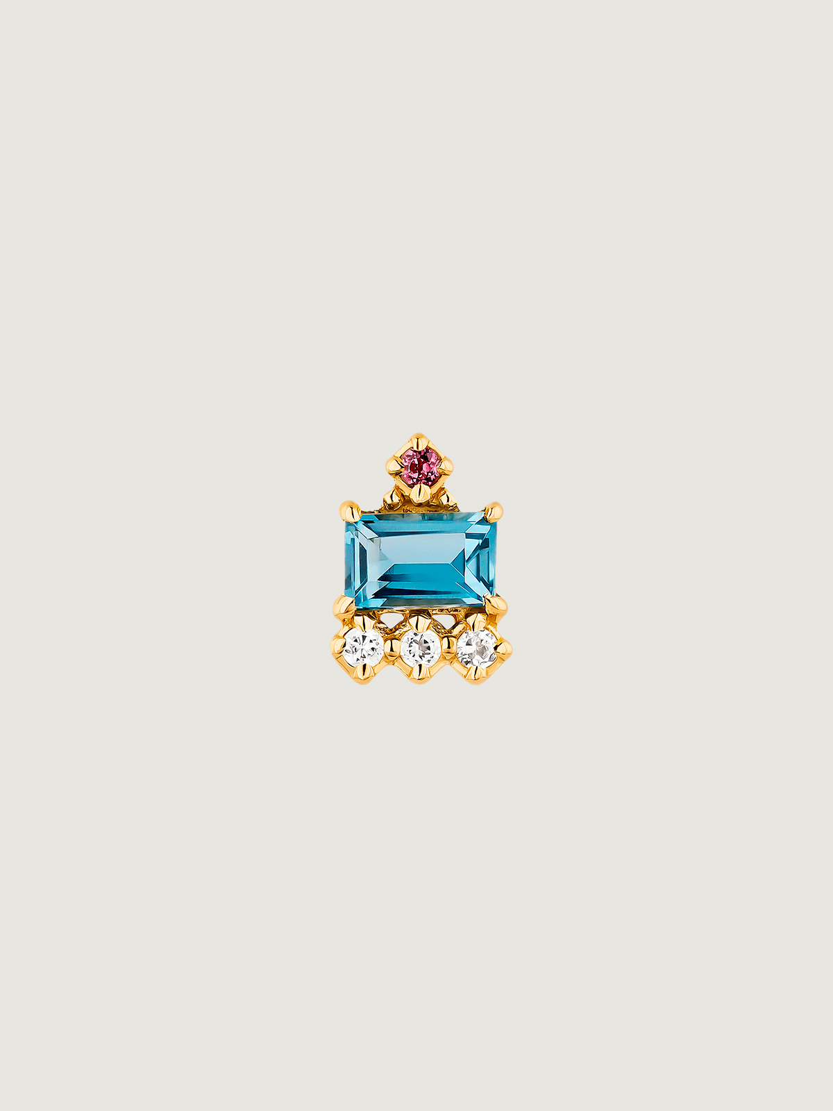 Individual 925 silver earring bathed in 18K yellow gold with white and London blue topaz and pink rhodolite.