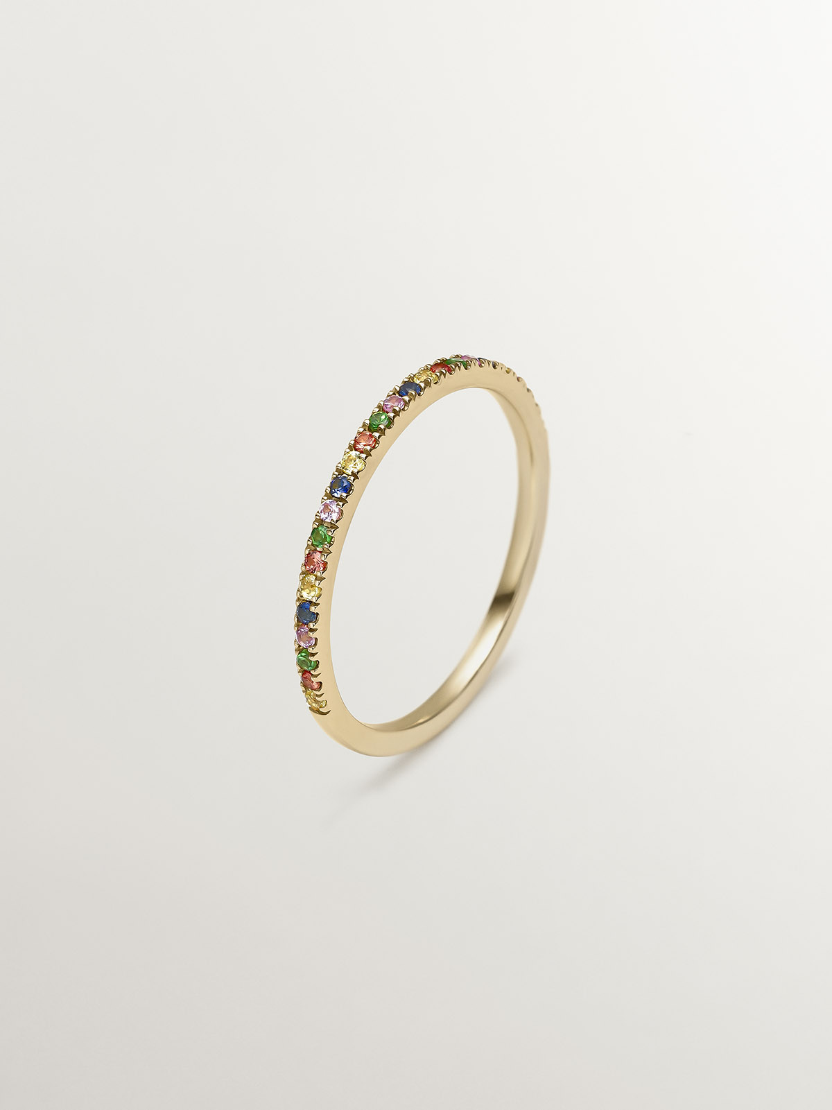 9K Yellow Gold Ring with Tsavorites and Multicolor Sapphires