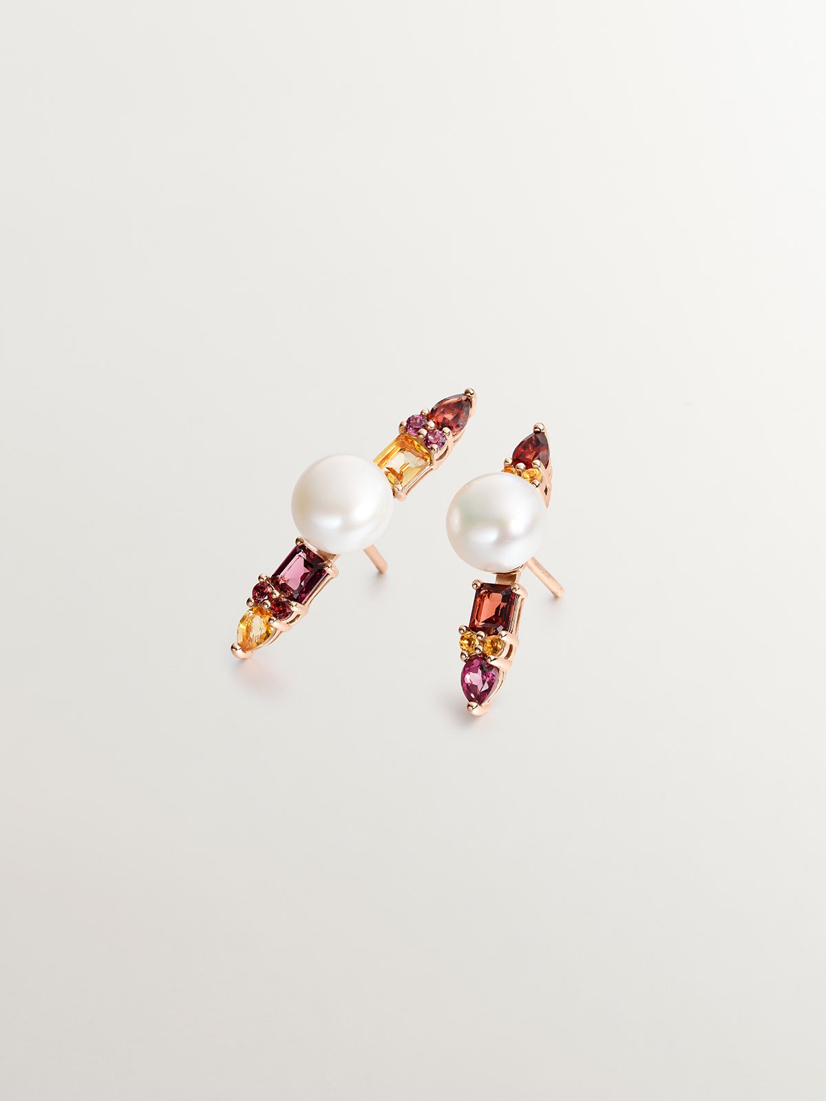 Pendientes de plata 925 bañada en oro rosa de 18K con perlas, rodolitas moradas, granates y cuarzos citrinos