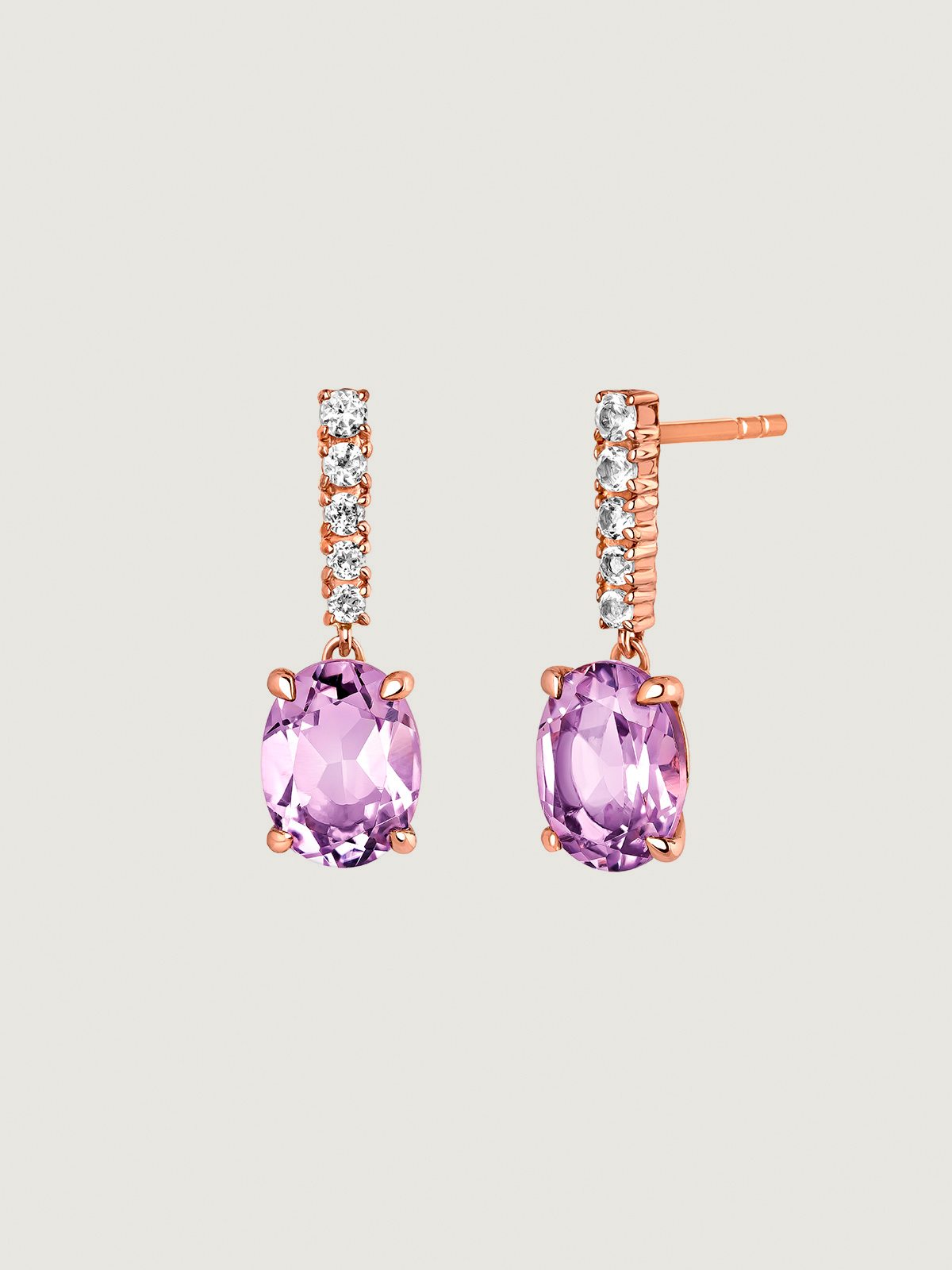 Pendientes de plata 925 bañada en oro rosa de 18K con amatista morada y topacios blancos