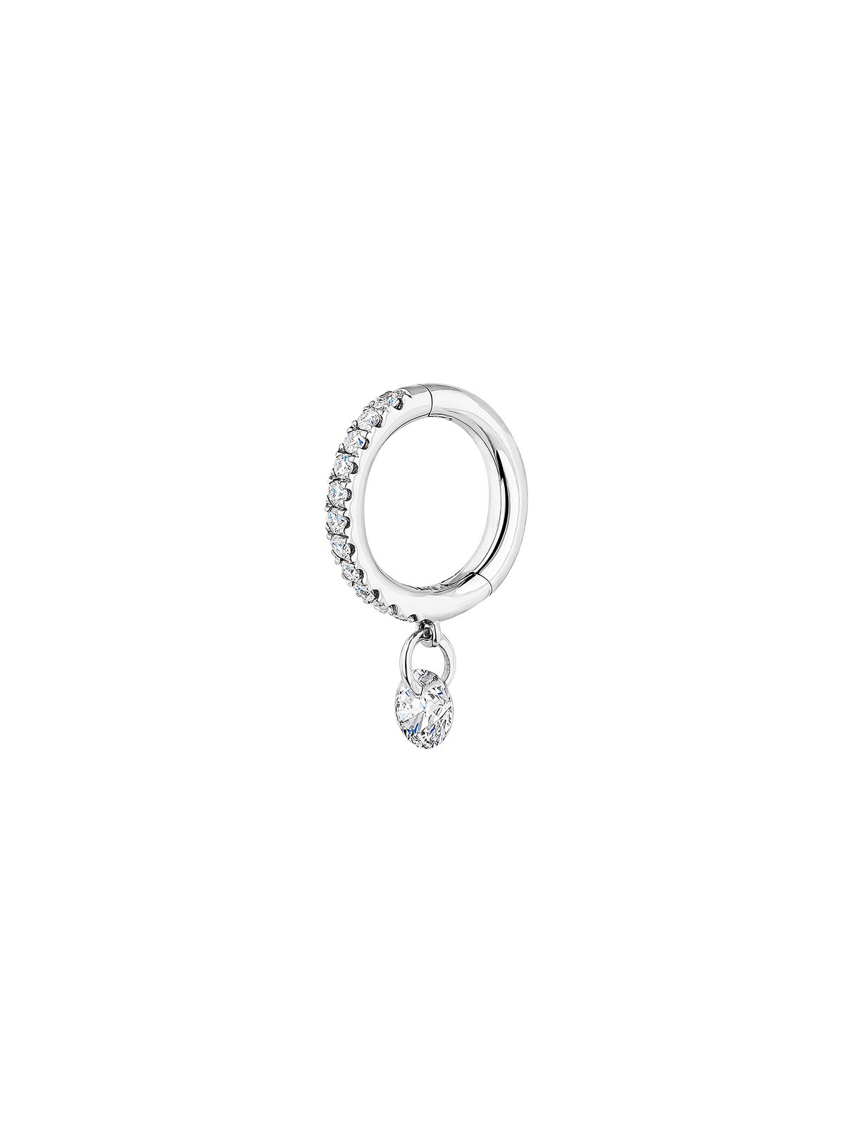 Individual small hoop earring made of 18K white gold with white diamonds.