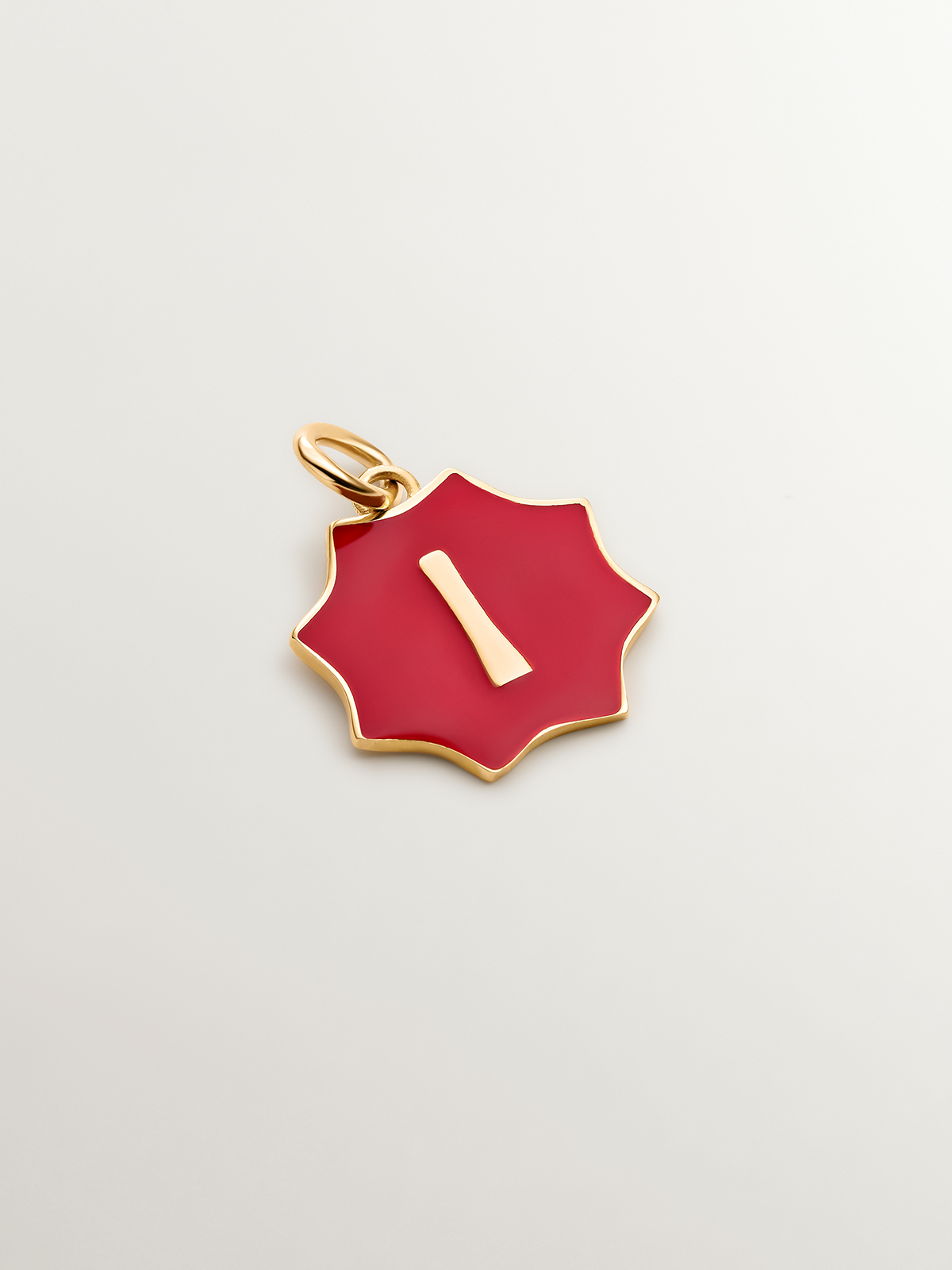 18K yellow gold plated 925 sterling silver charm with star-shaped red enamel and initial I