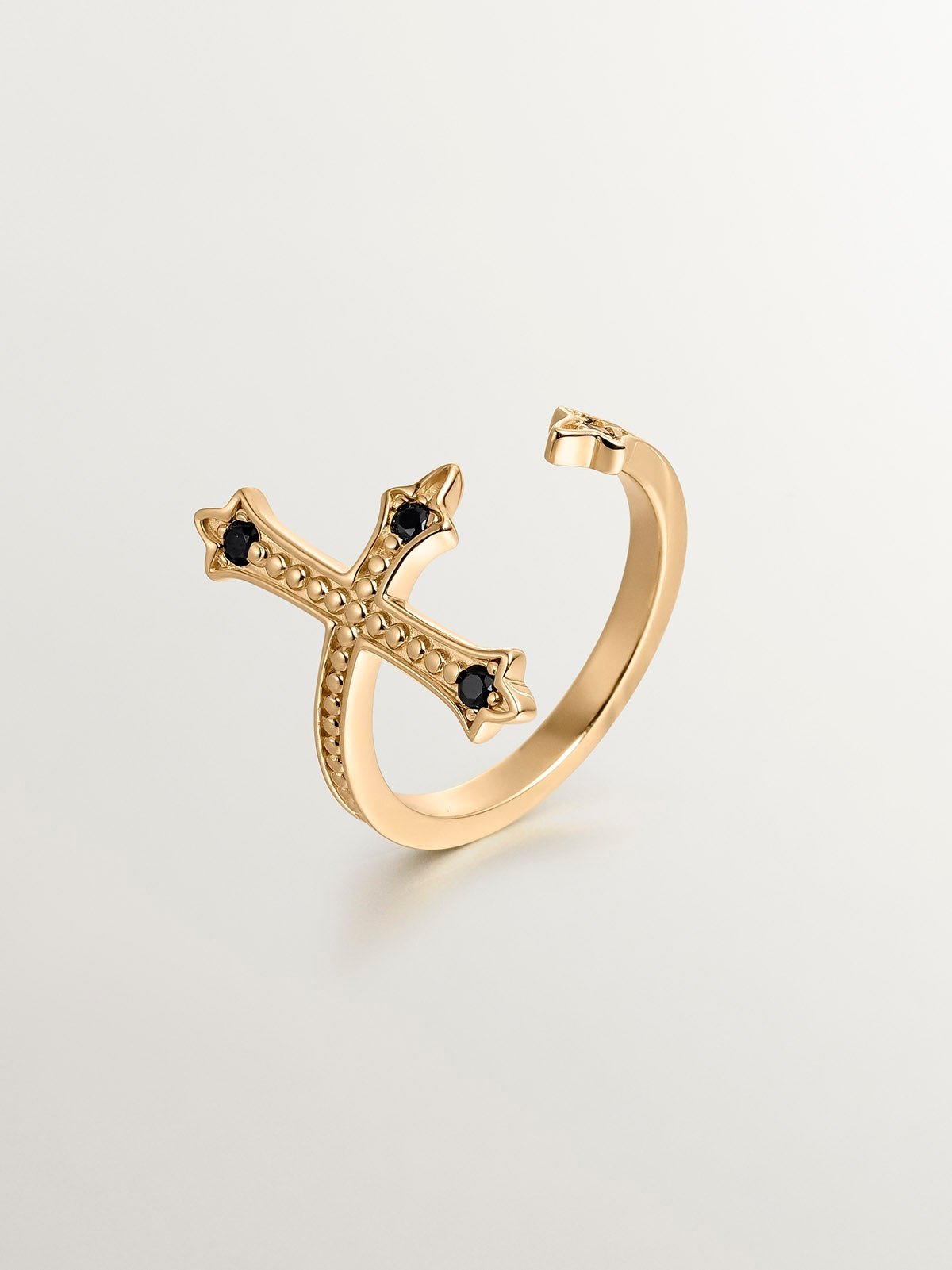 Anillo Tú y Yo de plata 925 bañada en oro amarillo de 18K con forma de cruz y espinelas negras