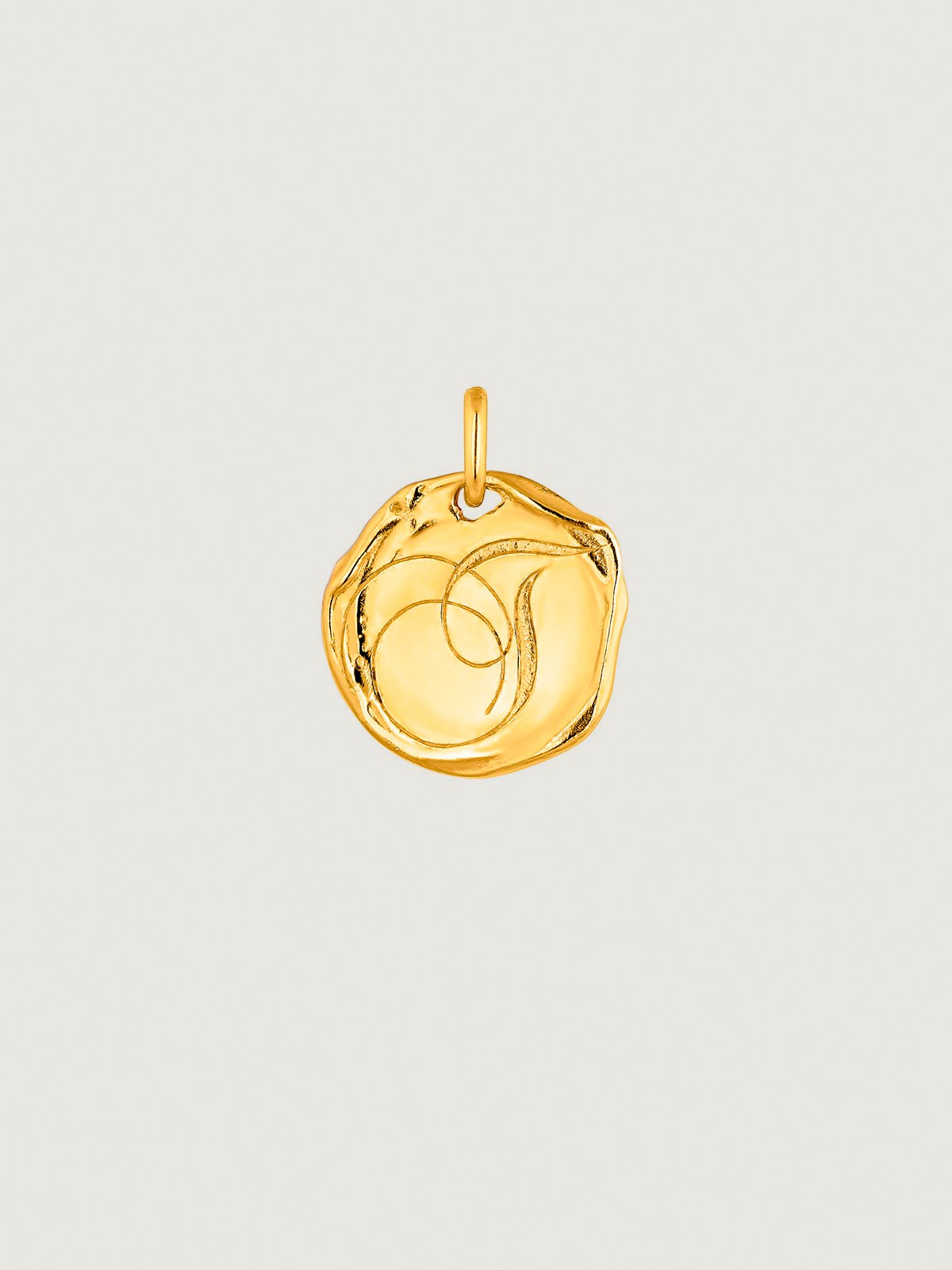 Handcrafted 925 silver charm plated in 18K yellow gold with initial T.