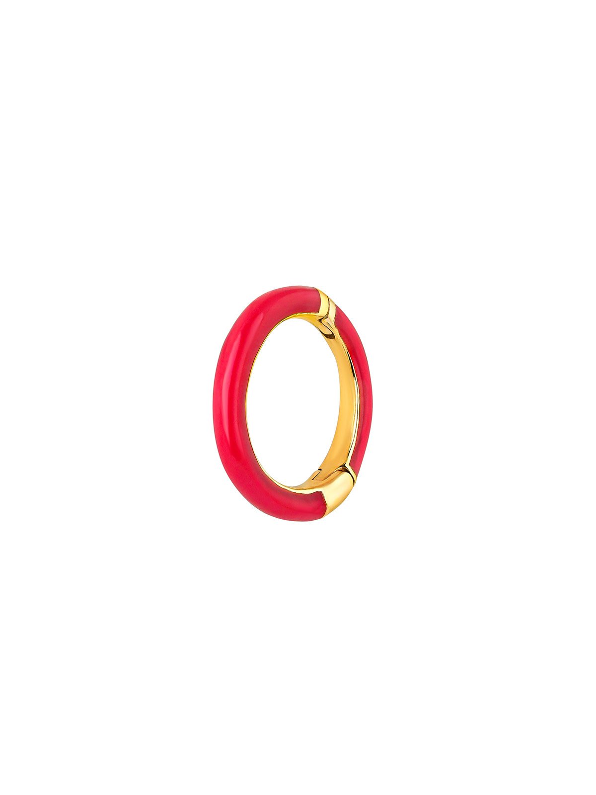 Single small hoop earring made of 9K yellow gold with pink enamel.