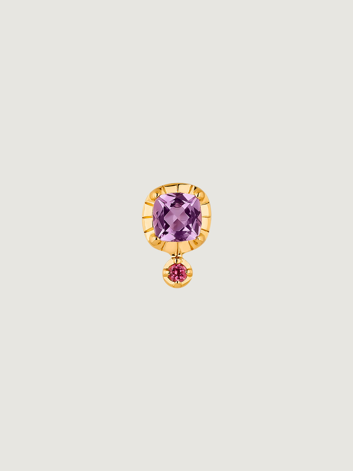 Individual earring made from 925 silver, bathed in 18K yellow gold with purple amethyst and pink rhodolite.