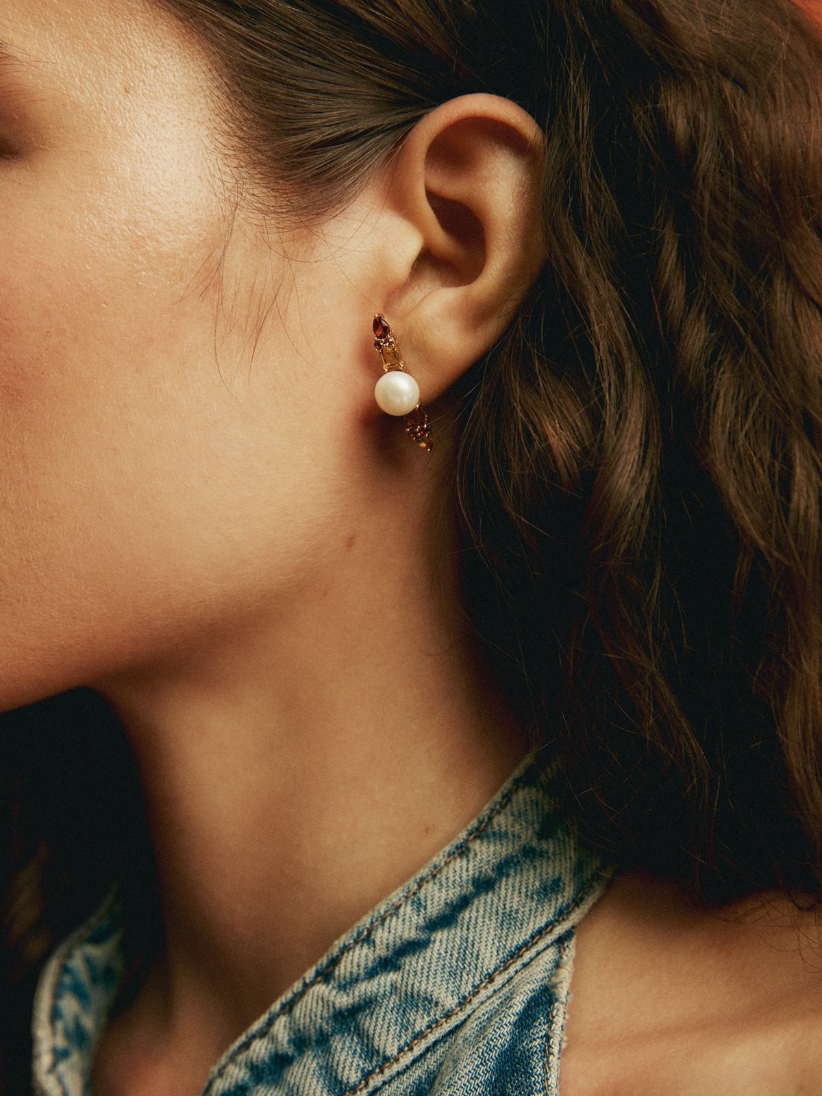 Pendientes de plata 925 bañada en oro rosa de 18K con perlas, rodolitas moradas, granates y cuarzos citrinos