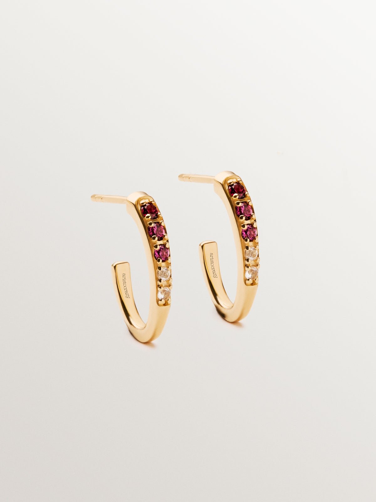 18K yellow gold plated 925 silver hoop earrings with purple rhodolites and white topazes