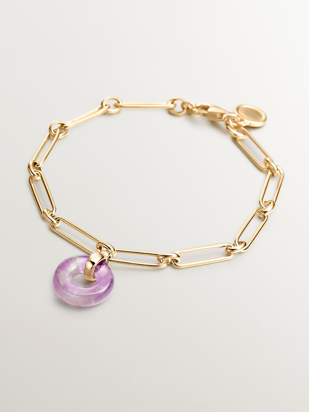 925 Silver link bracelet bathed in 18K yellow gold with purple amethyst