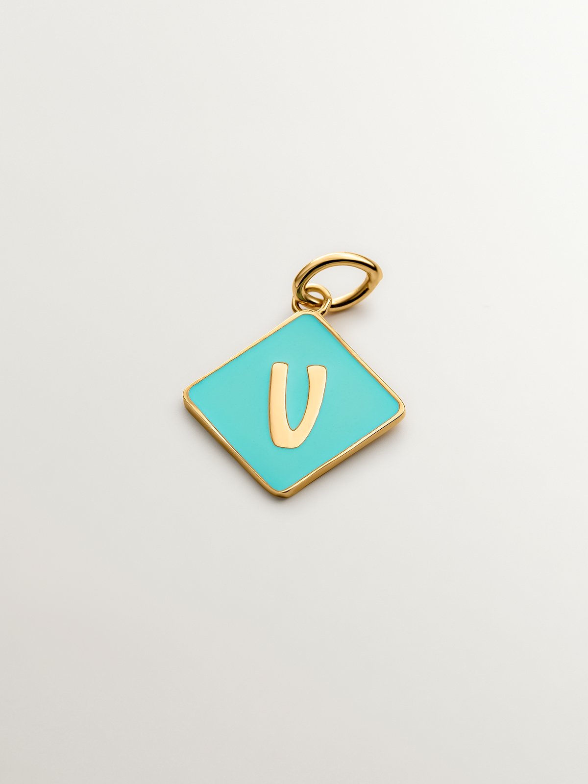 Breloque en argent 925 plaqué or jaune 18K avec initiale V et émail turquoise en forme de diamant