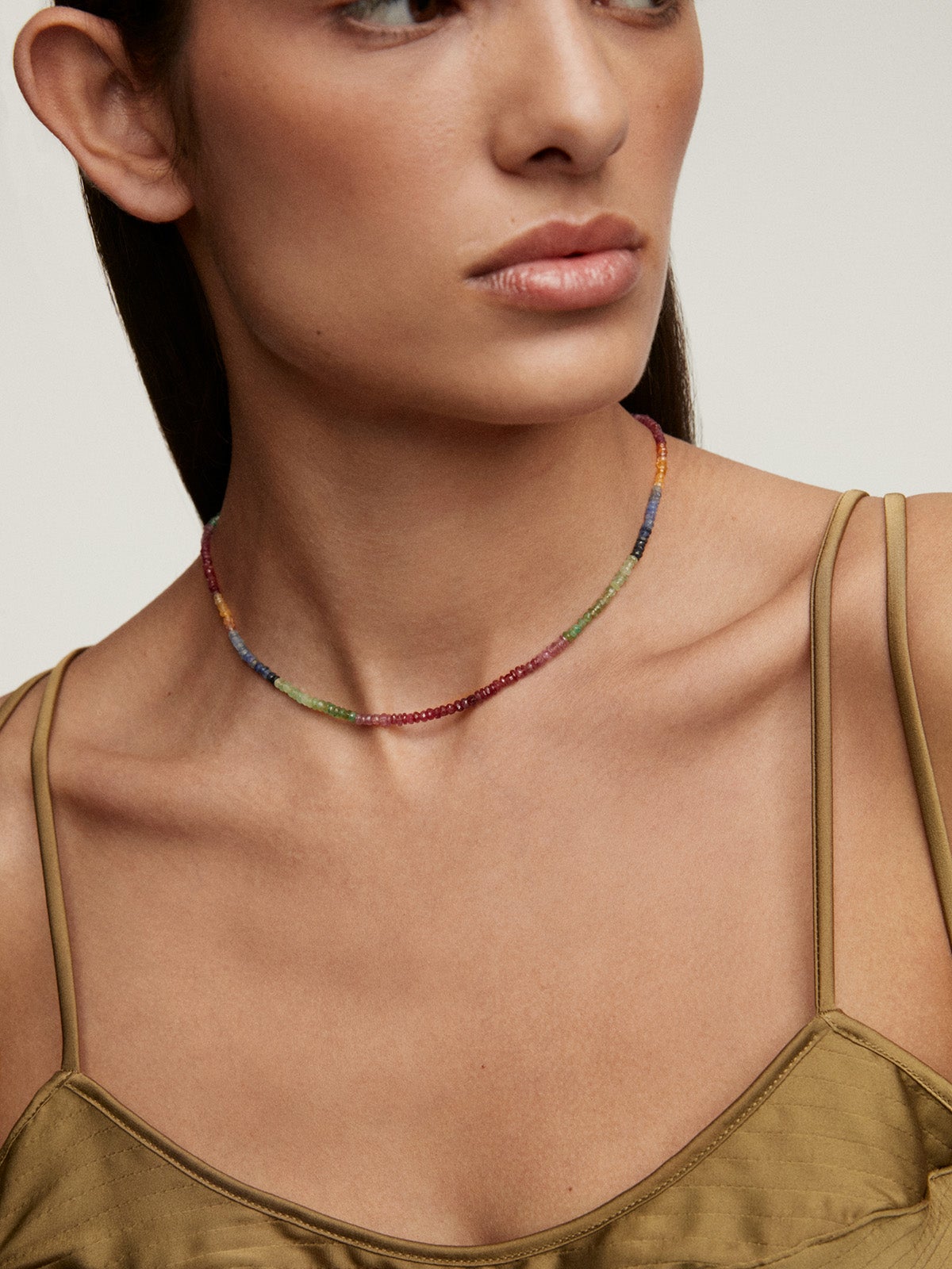 925 Silver necklace bathed in 18K yellow gold with multicolor sapphire beads
