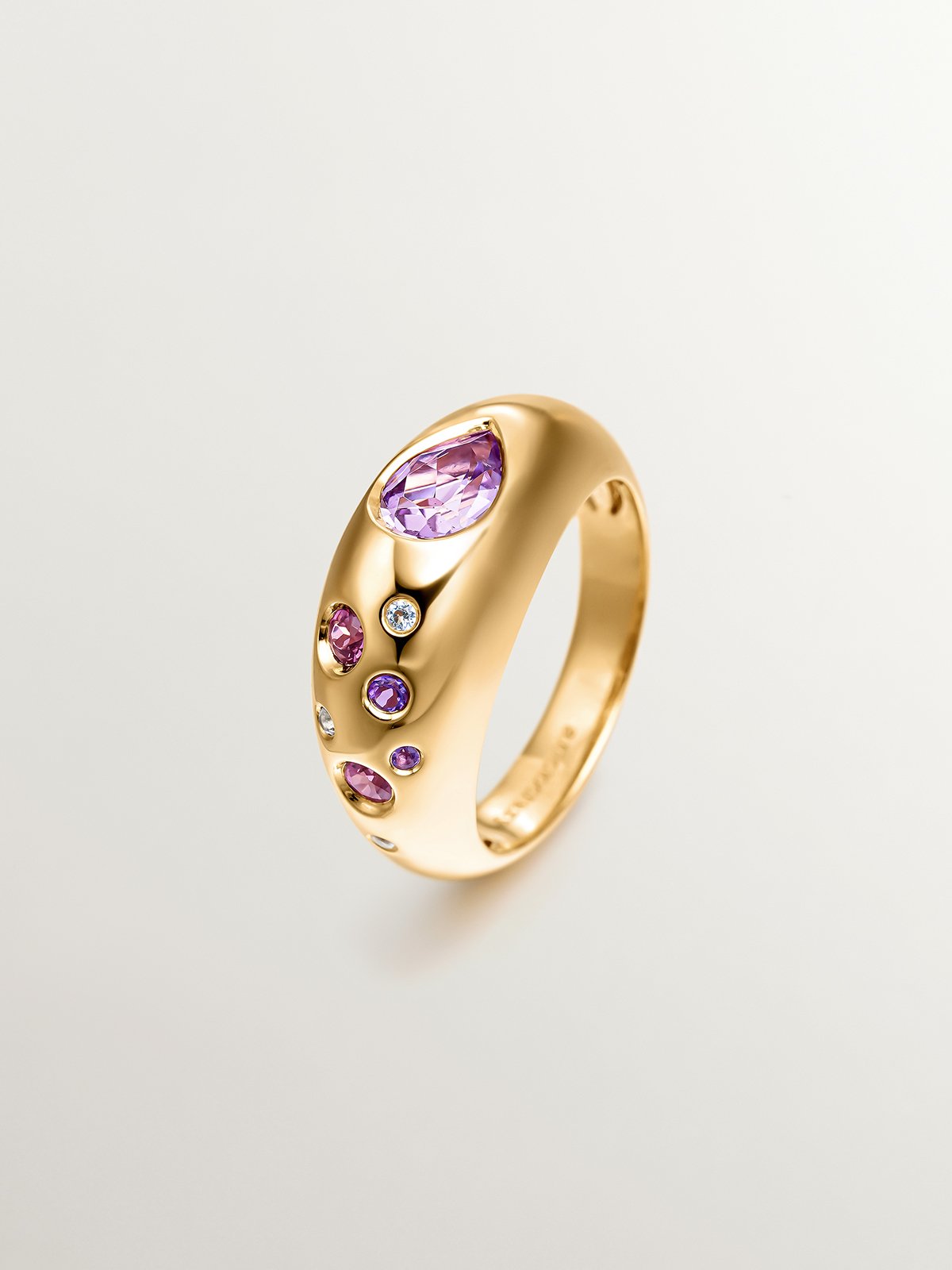 18K yellow gold plated 925 silver ring with pink and purple amethysts, white topaz and pink rhodolites