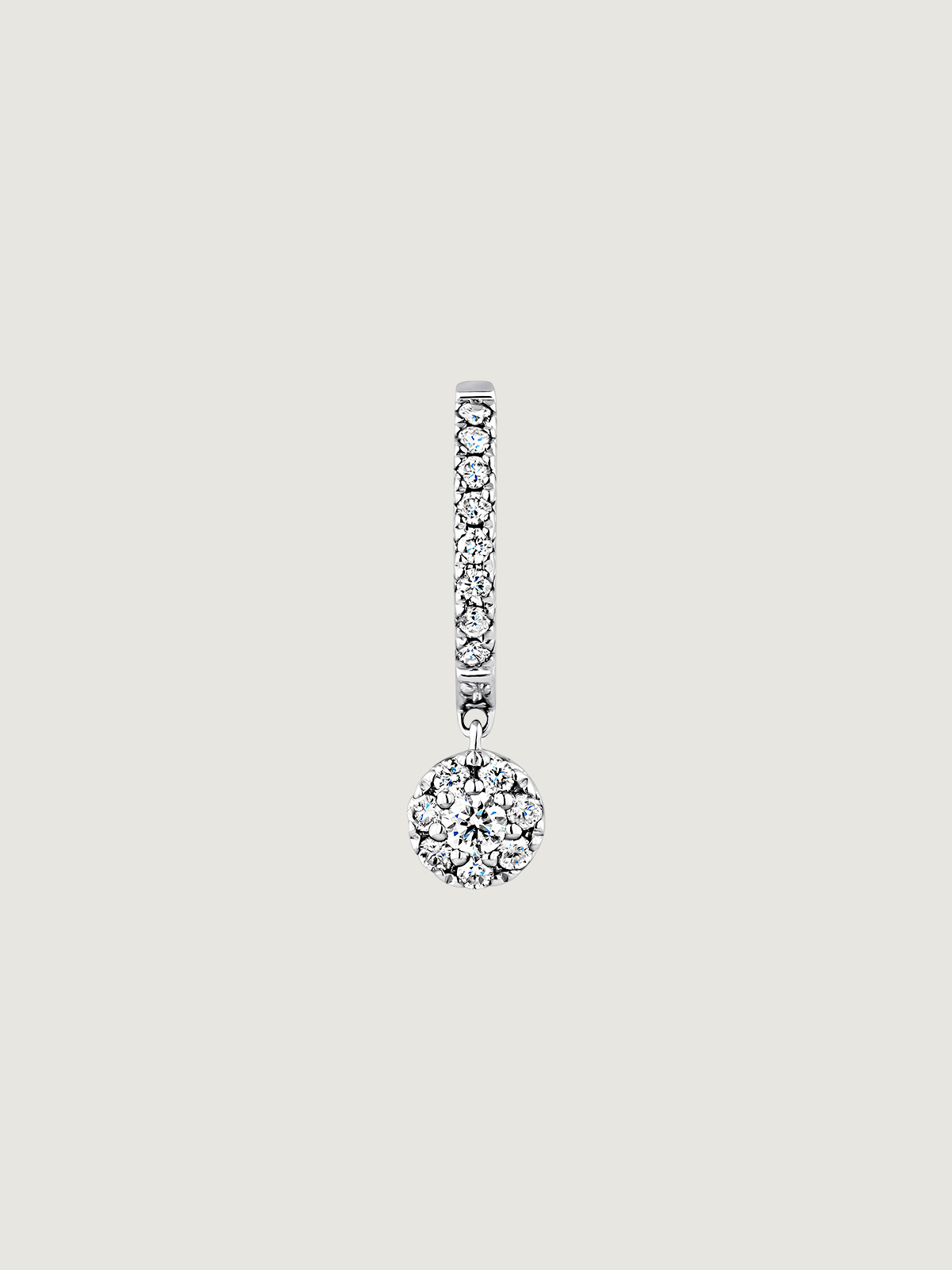 Individual 18K white gold hoop earring with diamonds and diamond rosette of 0.143 cts.