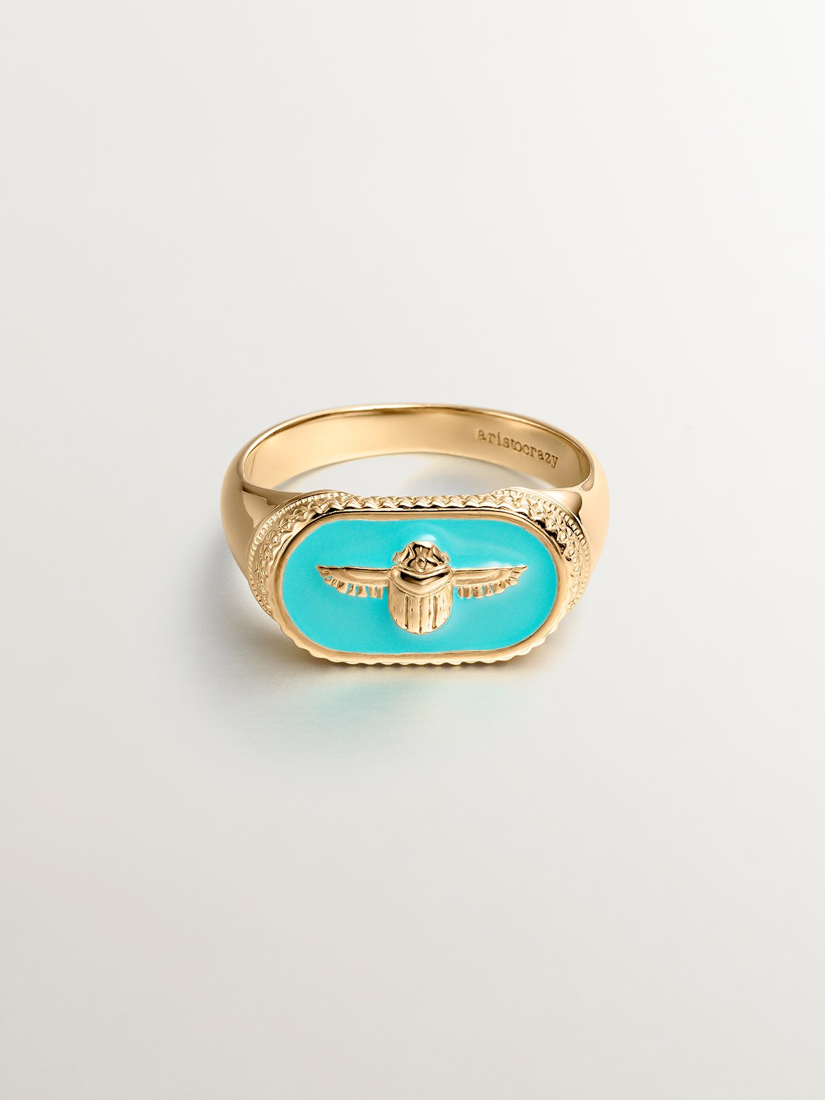 925 Silver signet ring gilded in 18K yellow gold with beetle and turquoise enamel