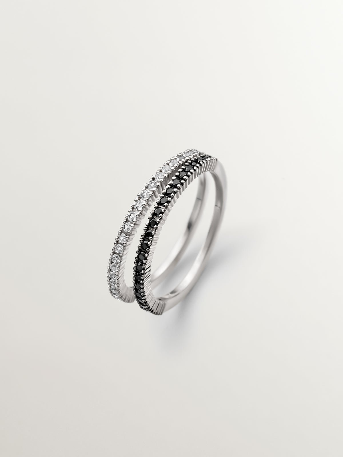 Bague double en argent 925 avec spinelles noirs et topazes blances