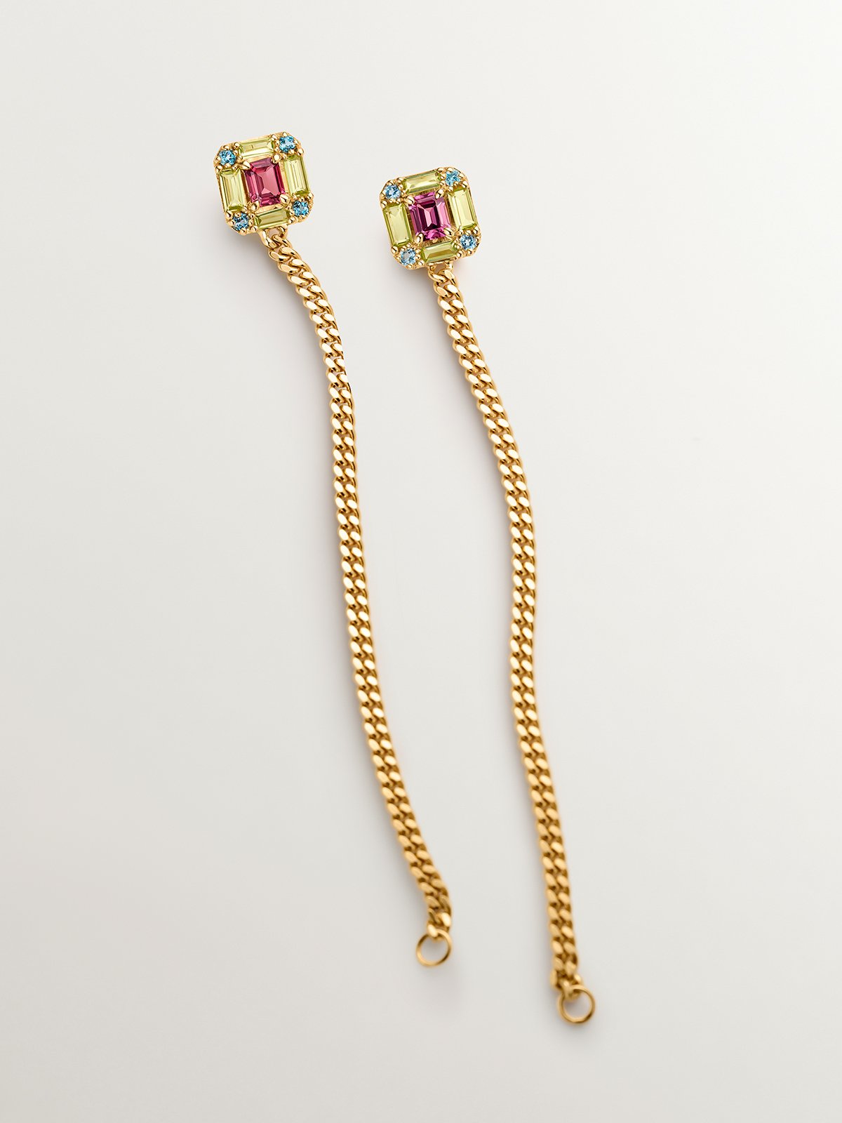 Long earrings with 925 silver chain coated in 18K yellow gold with peridots, topazes and rhodolites.