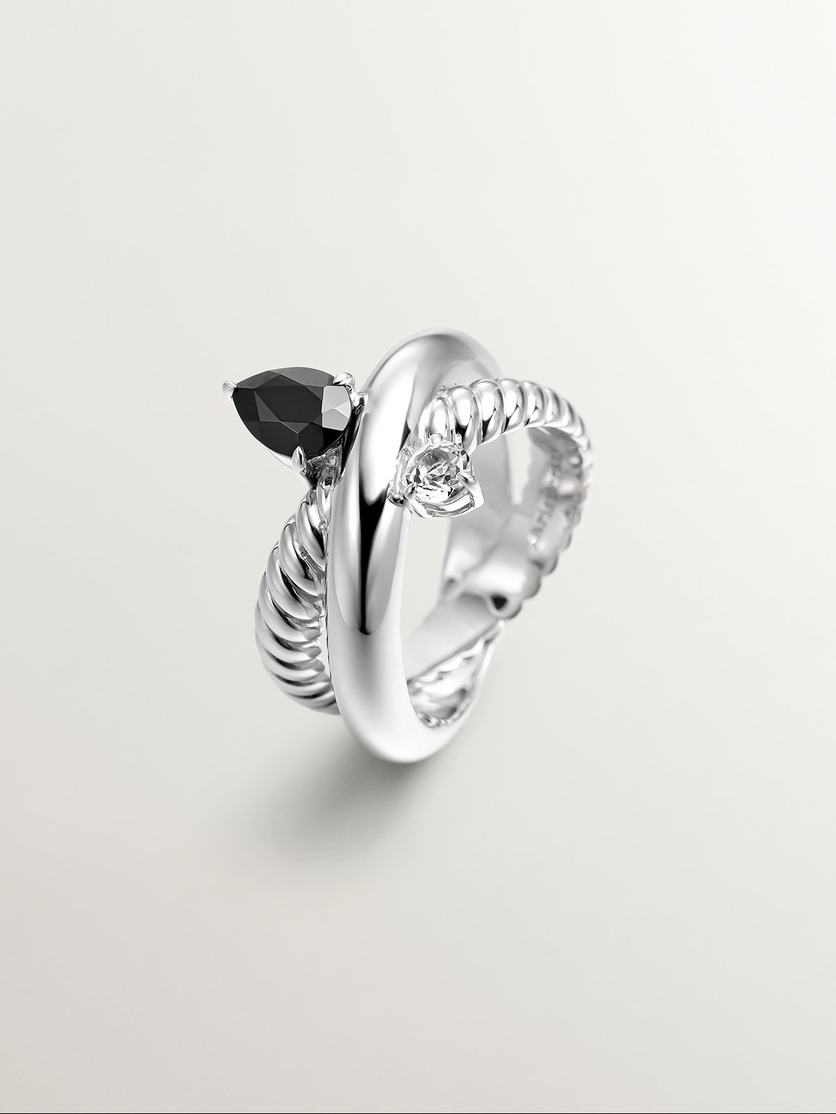925 silver multi-arm ring with black spinel and white topaz