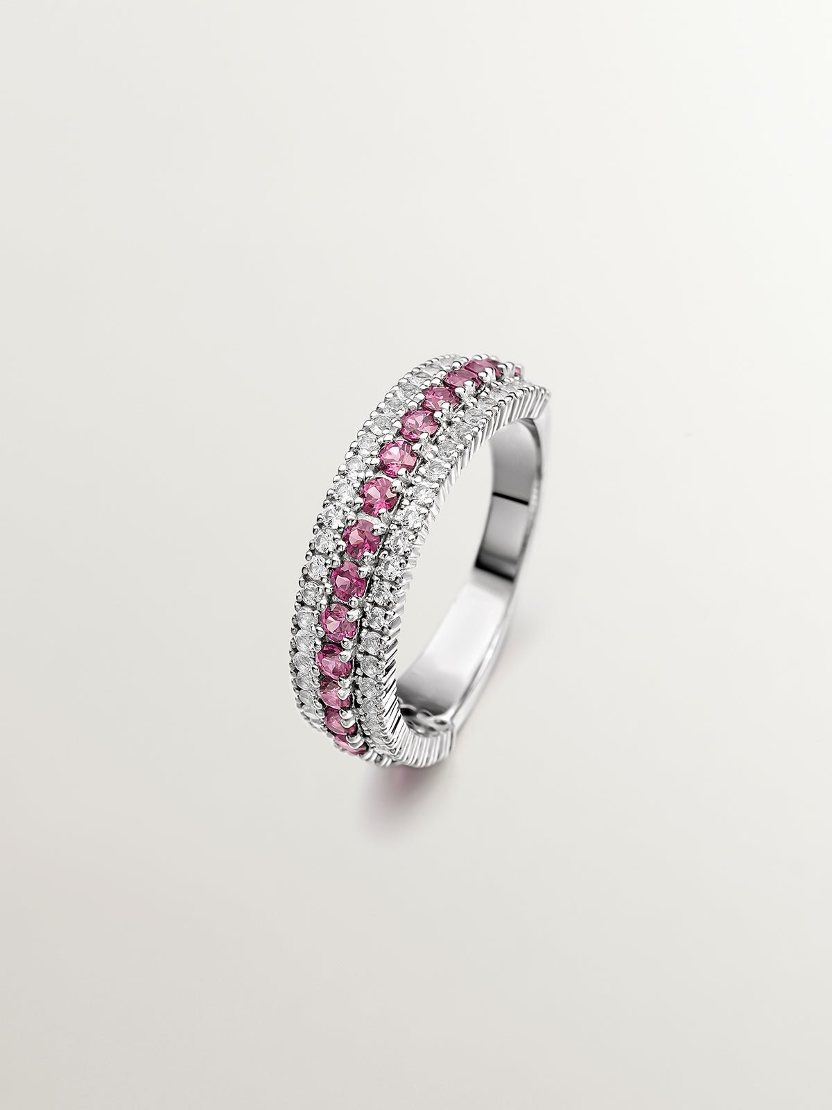 Bague en argent 925 avec rhodolite rose et topazes blanches
