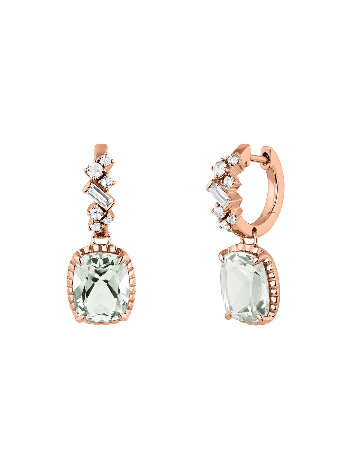 925 Silver hoop earrings bathed in 18K rose gold with green quartz and Swiss blue topaz.