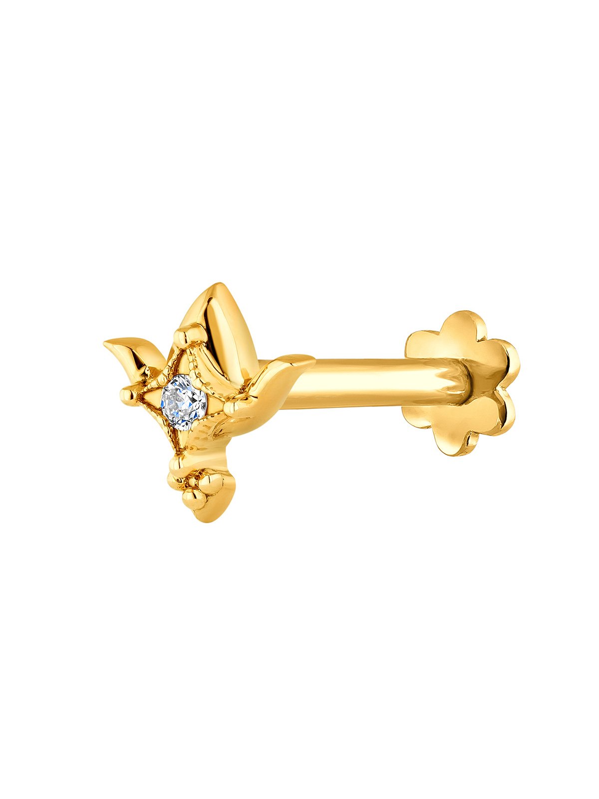 18K yellow gold piercing with diamond and lotus flower shape.