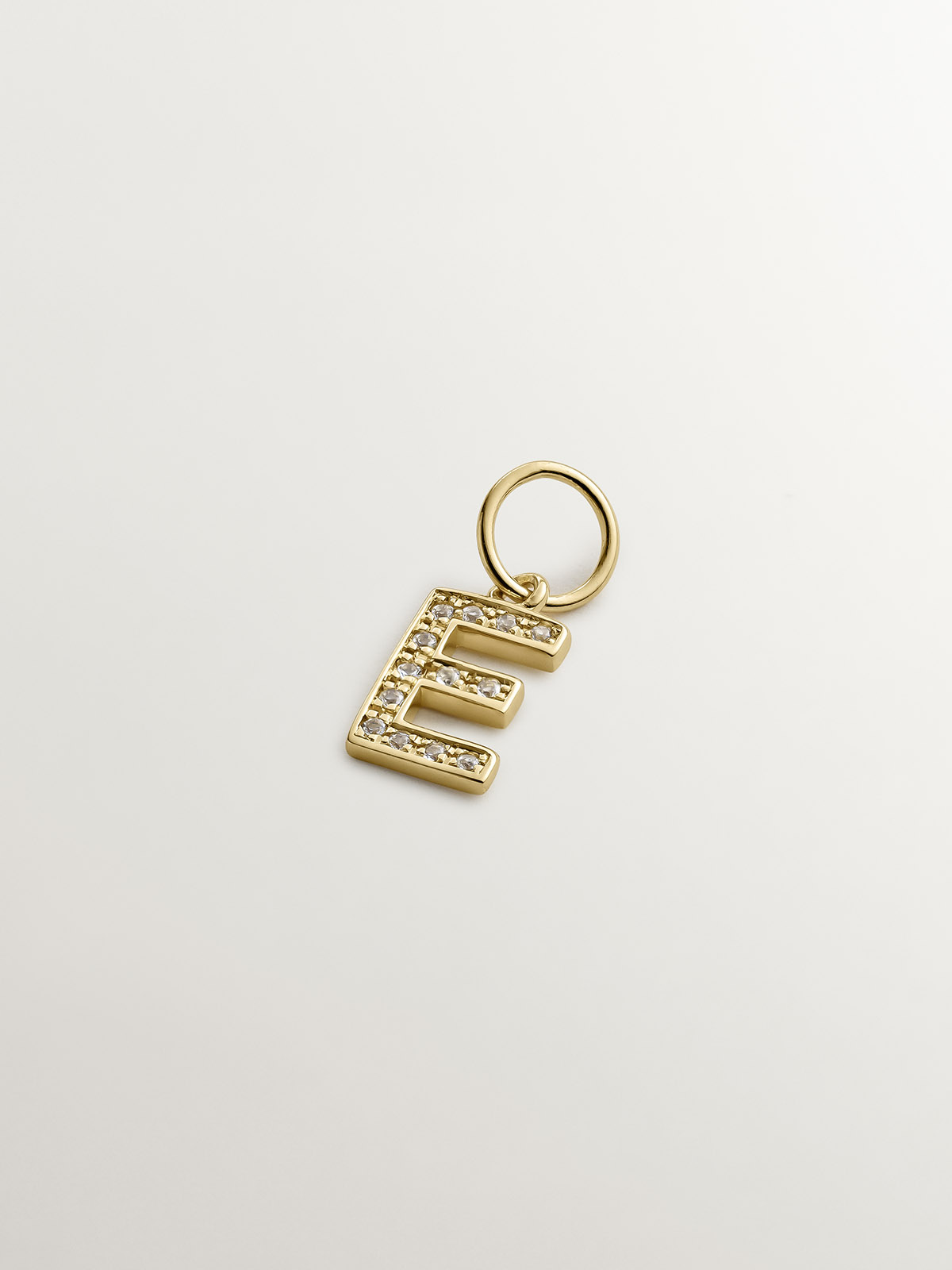 18K yellow gold-plated 925 silver charm with white topaz, initial E.