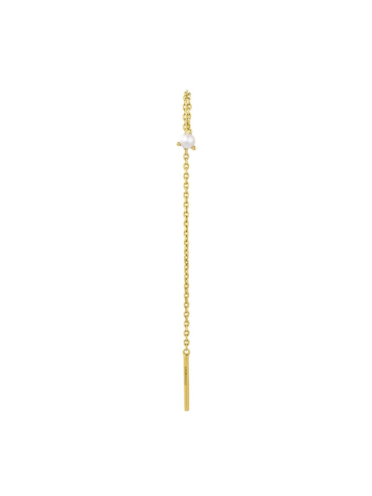 Individual long earring made of 9K yellow gold with chain and pearl.