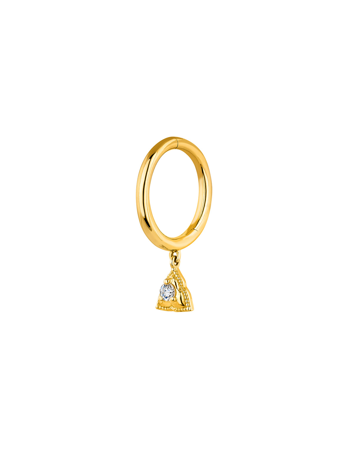 Individual 9K yellow gold hoop earring with triangle and white topaz.