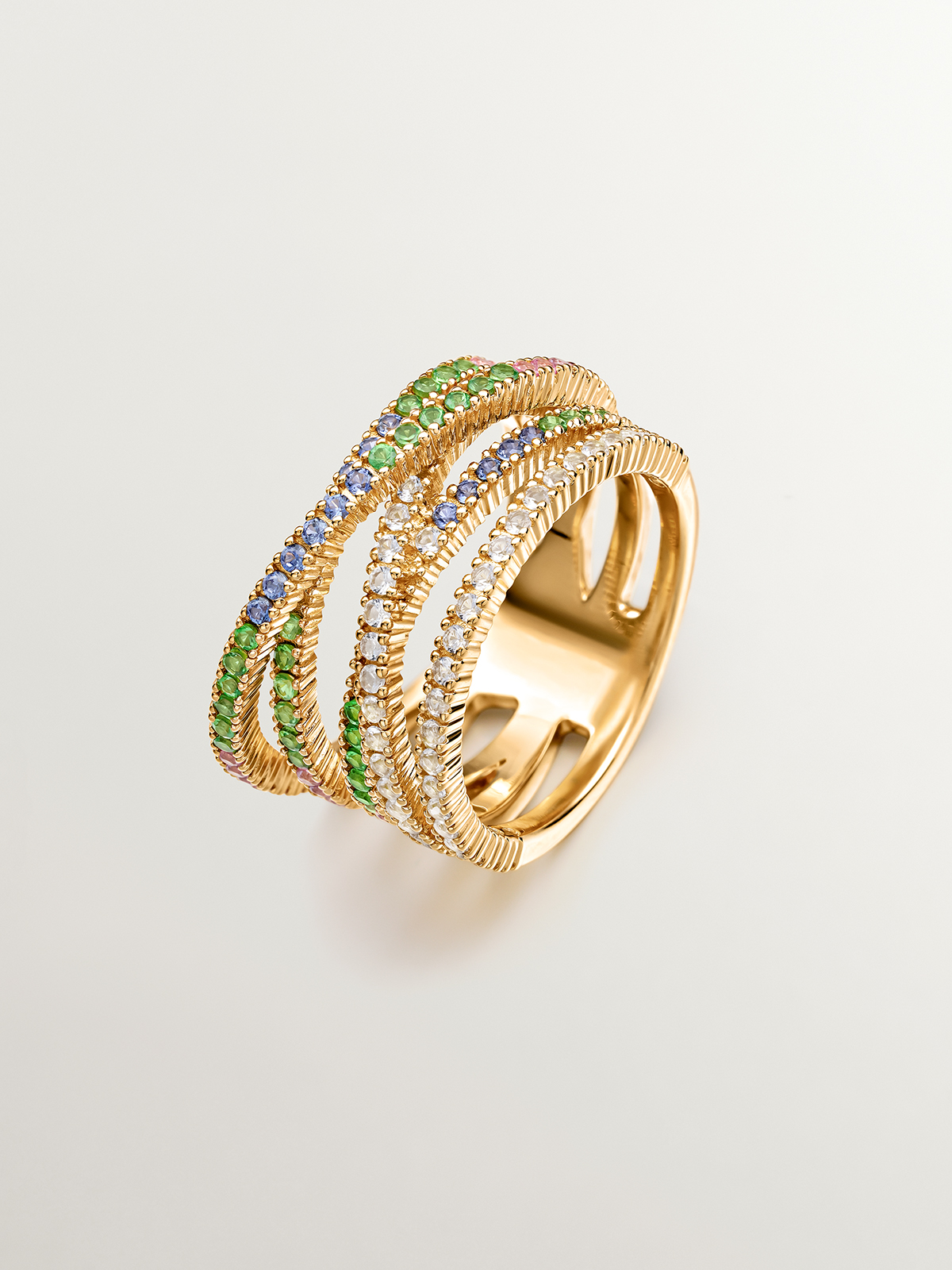 Anillo multibrazo cruzado de plata 925 bañada en oro amarillo de 18K con tsavoritas, topacios y zafiros multicolor