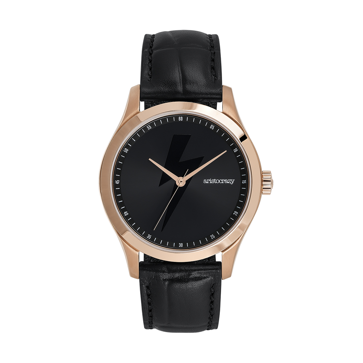 Reloj Rock Icon de acero rosa con correa de cuero negro de cocodrilo y esfera negra