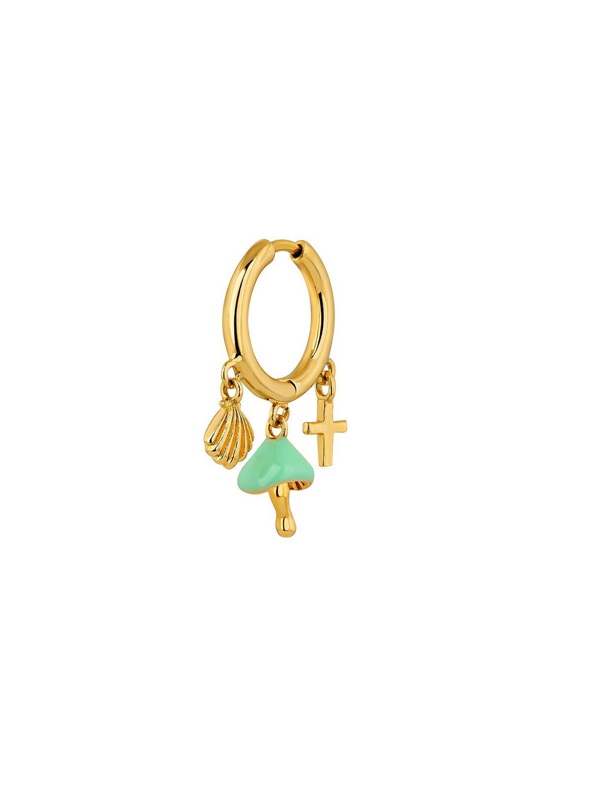 Pendiente individual de aro pequeño de plata 925 bañada en oro amarillo de 18K con cruz y seta con esmalte turquesa