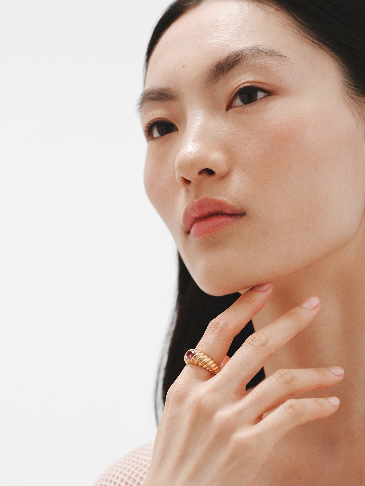 Gallon ring in 925 silver plated in 18K yellow gold with pink rhodolite