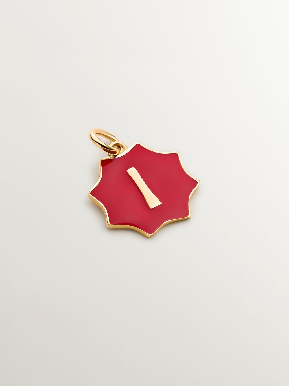 18K yellow gold plated 925 sterling silver charm with star-shaped red enamel and initial I