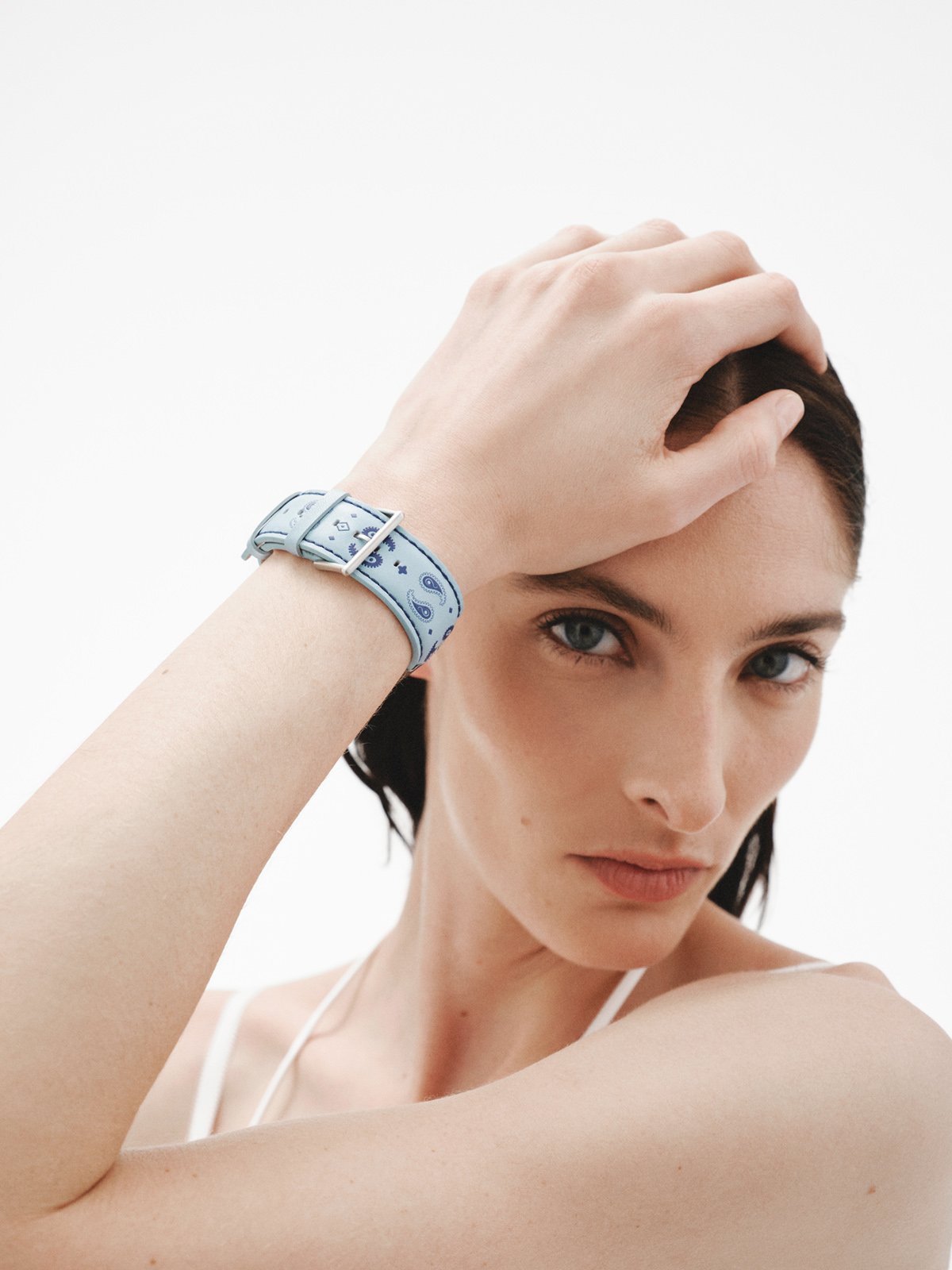 Bracelet Apple Watch en cuir bleu avec imprimé Ying Yang