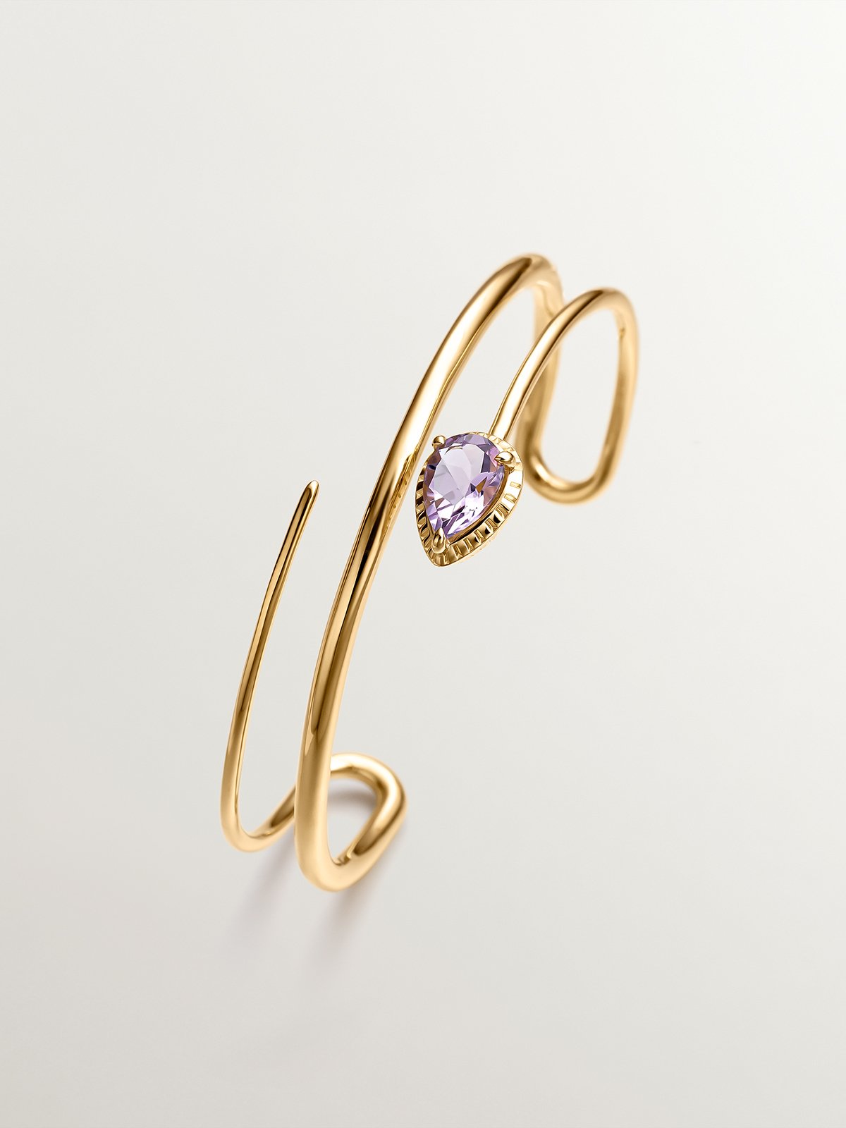 18K Yellow Gold Plated 925 Silver Rigid Bracelet with Pink Amethyst