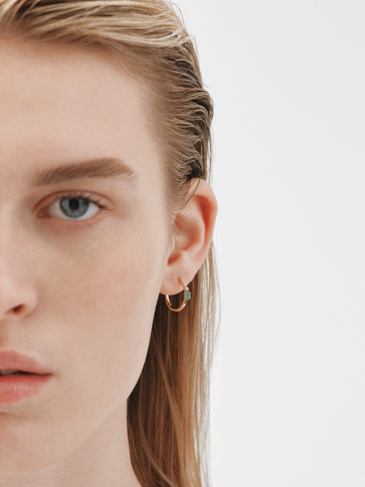 9K Yellow Gold Emerald and Diamond Single Hoop Earring