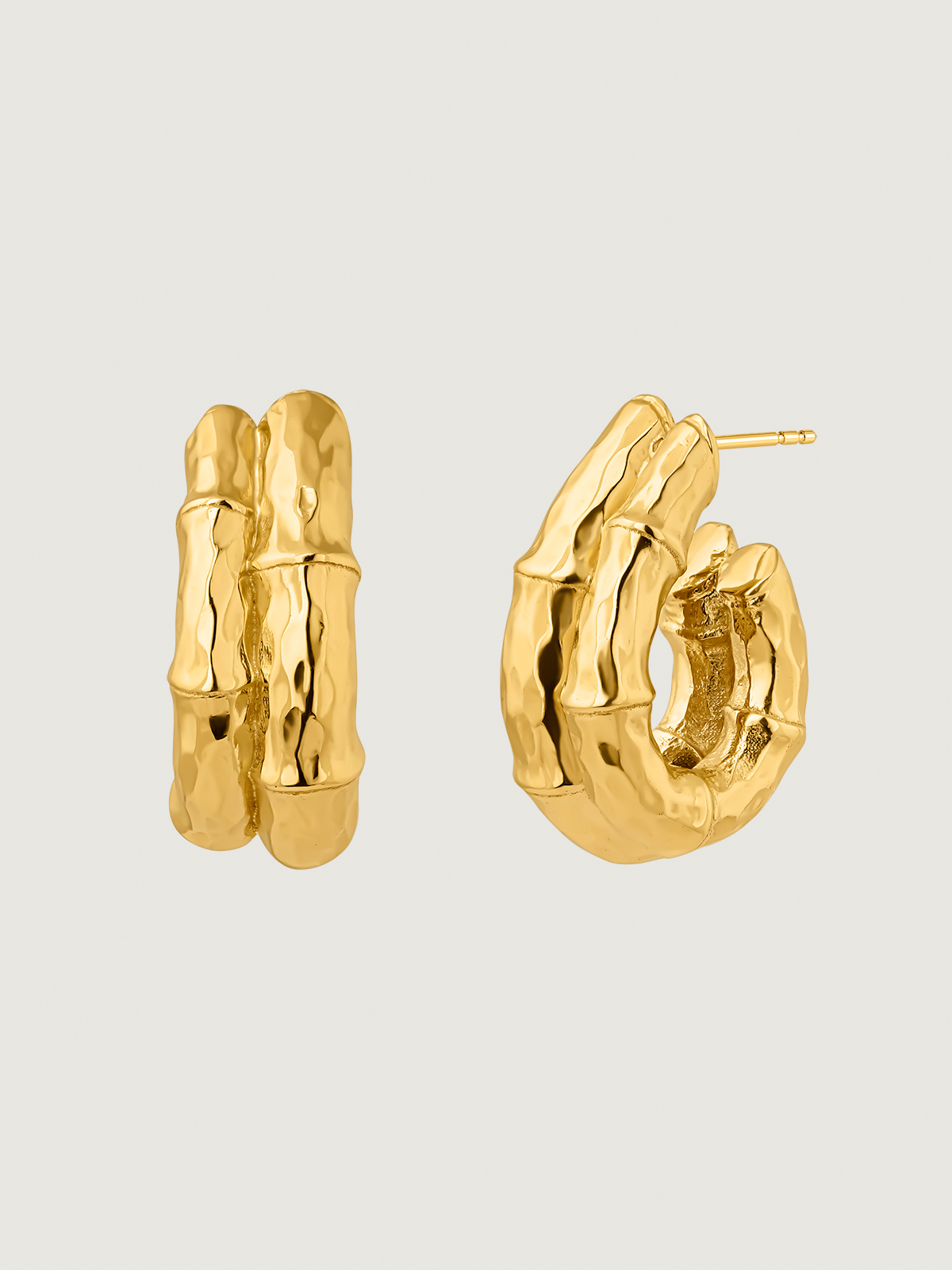 Pendientes grandes de aro doble de plata 925 bañada en oro amarillo de 18K con textura de bambú