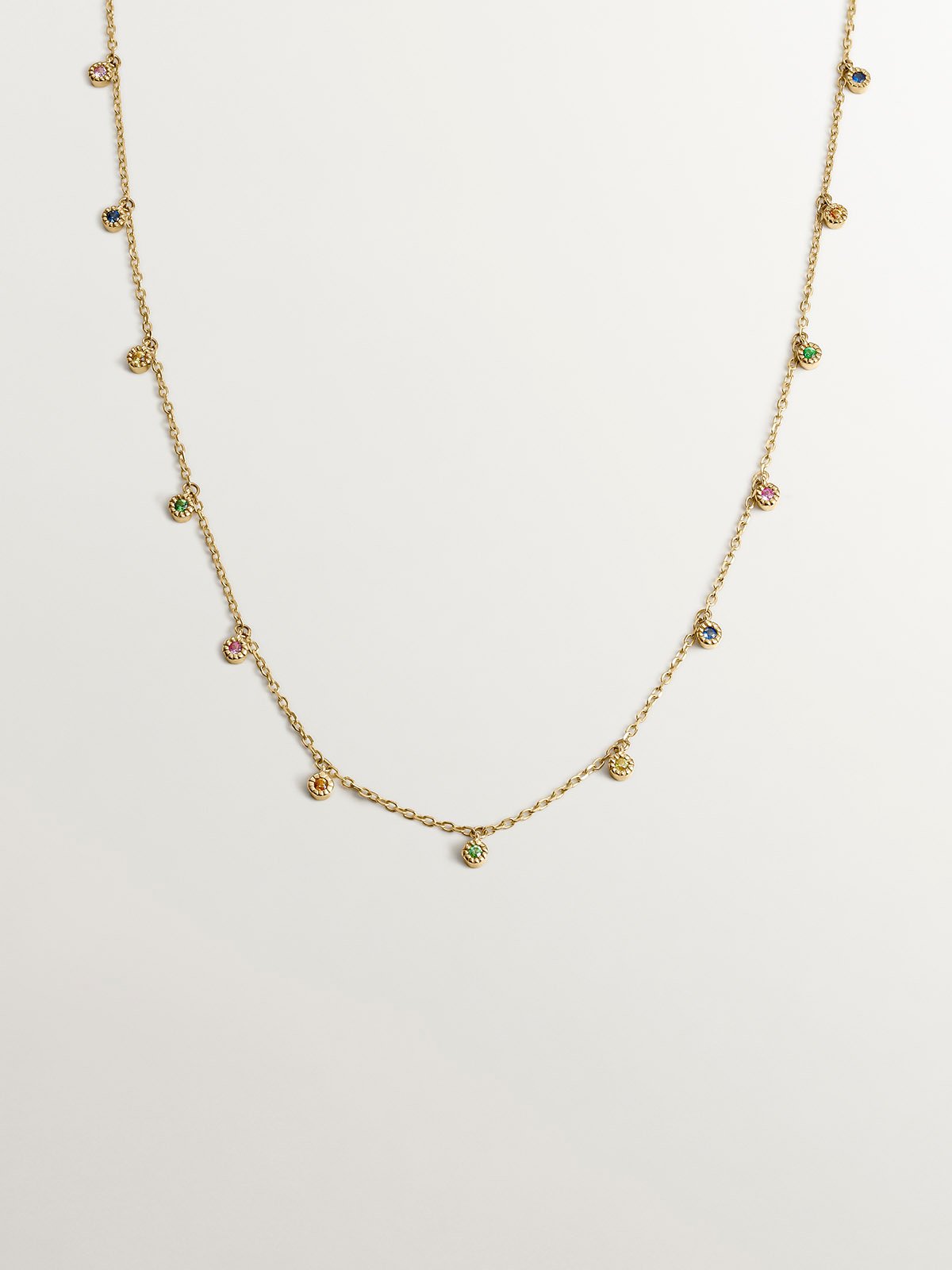 9K Yellow Gold Necklace with Tsavorites and Multicolor Sapphires
