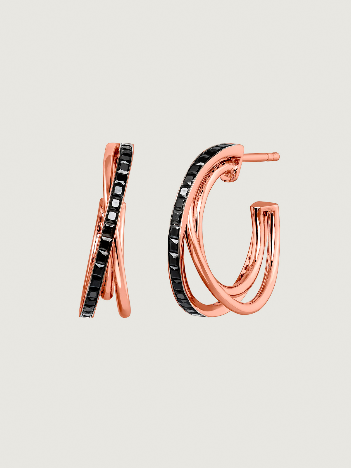 Triple hoop earrings in 925 silver plated in 18K rose gold with black spinels.