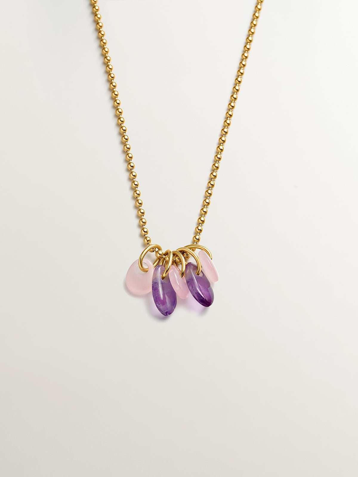 925 silver necklace bathed in 18k yellow gold with purple amethyst and pink agate