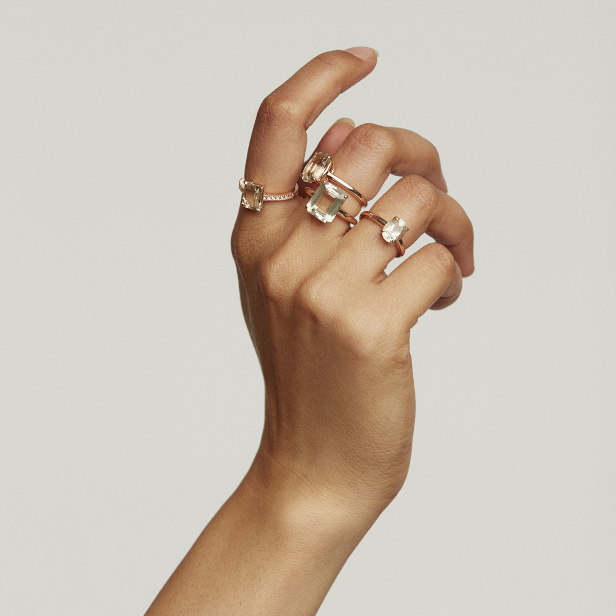Bagues en argent 925 plaqué or rose 18K avec quartz vert