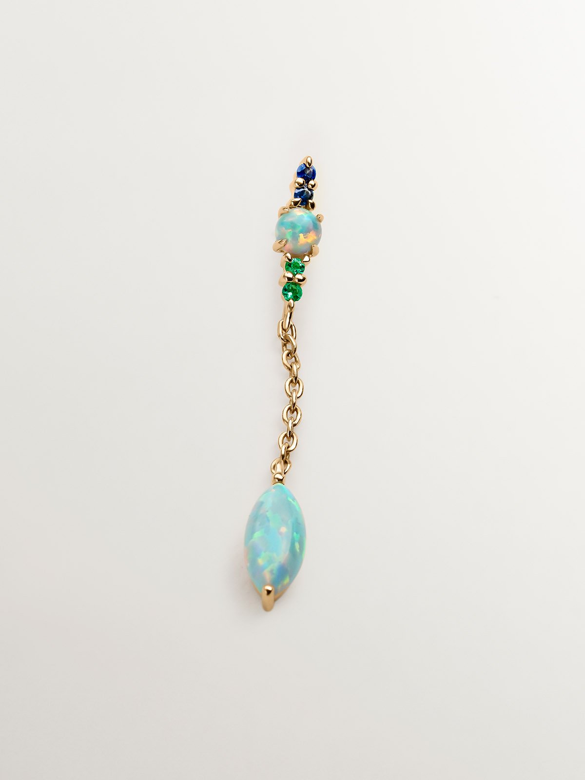 Single 18K white gold chain earring with lab grown opals, sapphires and emerald.
